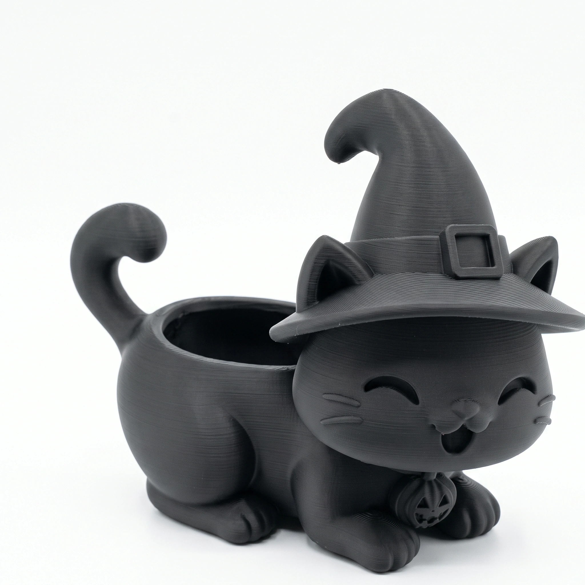Ghiveci pisică Halloween cu pălărie, imprimat 3D - 15,39 × 15 × 14,9 cm - Negru compozit mat, imprimare 3D Vibecraft