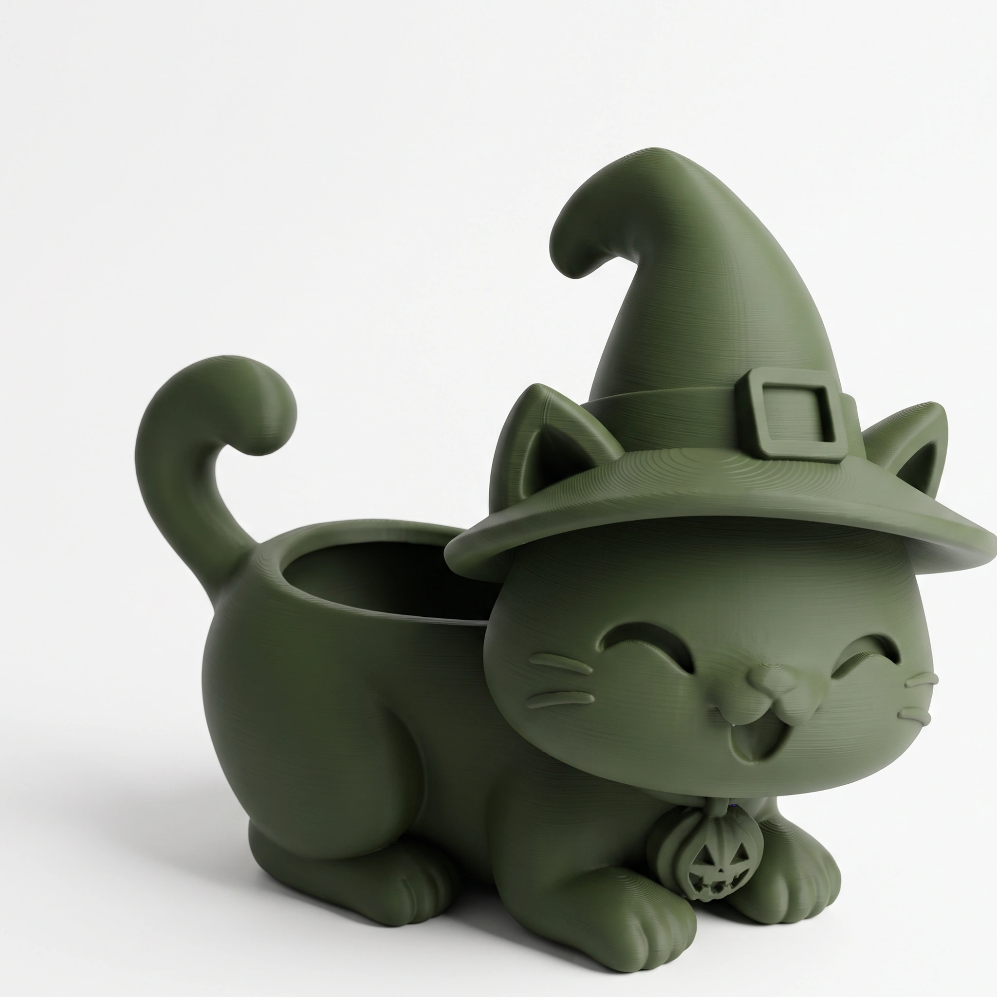 Ghiveci pisică Halloween cu pălărie, imprimat 3D - 15,39 × 15 × 14,9 cm - Olive green compozit mat, imprimare 3D Vibecraft