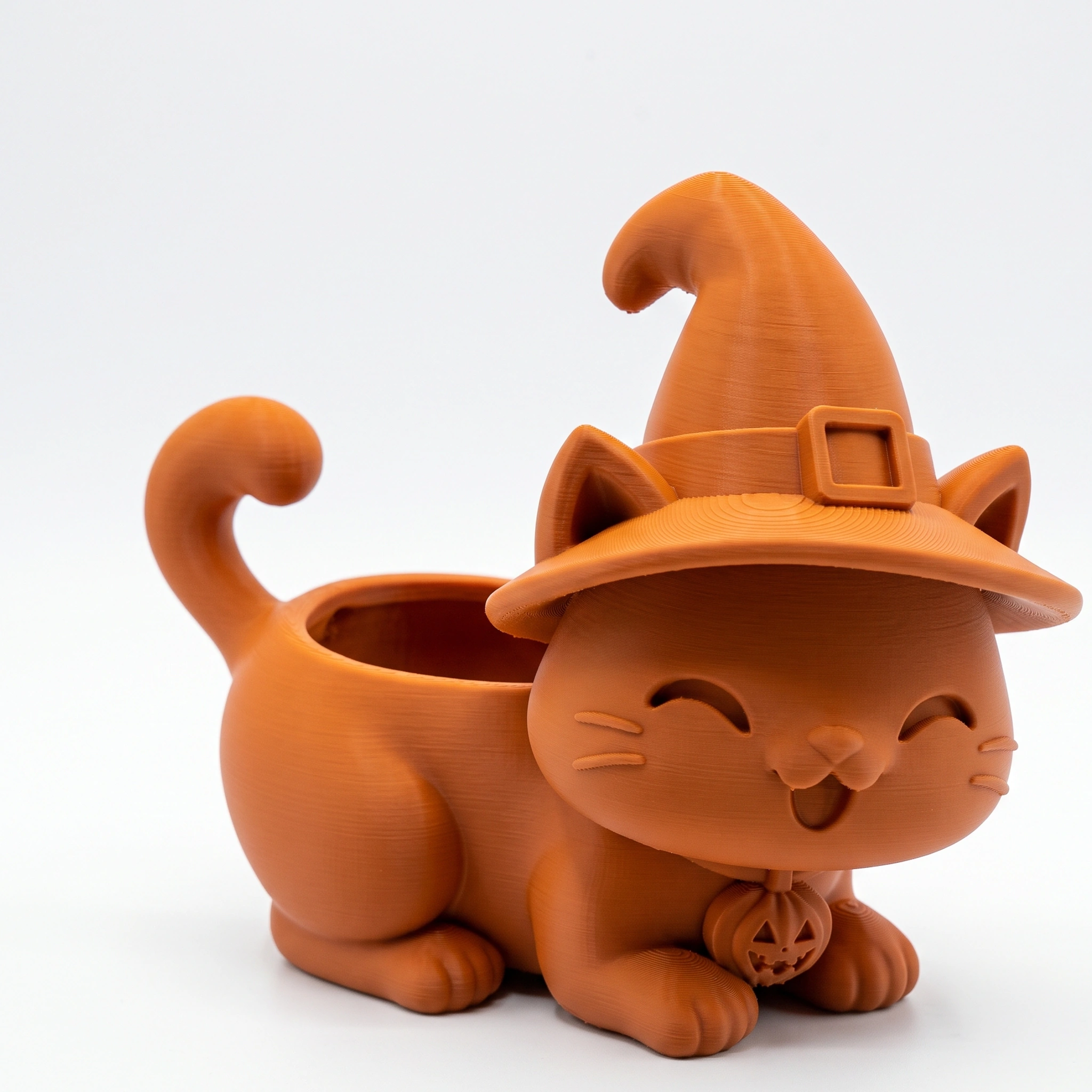 Ghiveci pisică Halloween cu pălărie, imprimat 3D - 15,39 × 15 × 14,9 cm - Orange compozit mat, imprimare 3D Vibecraft
