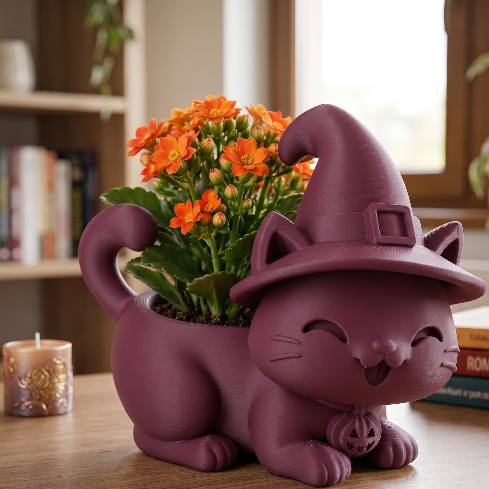 Ghiveci pisică Halloween cu pălărie, imprimat 3D - 15,39 × 15 × 14,9 cm - Purple red compozit mat, imprimare 3D Vibecraft