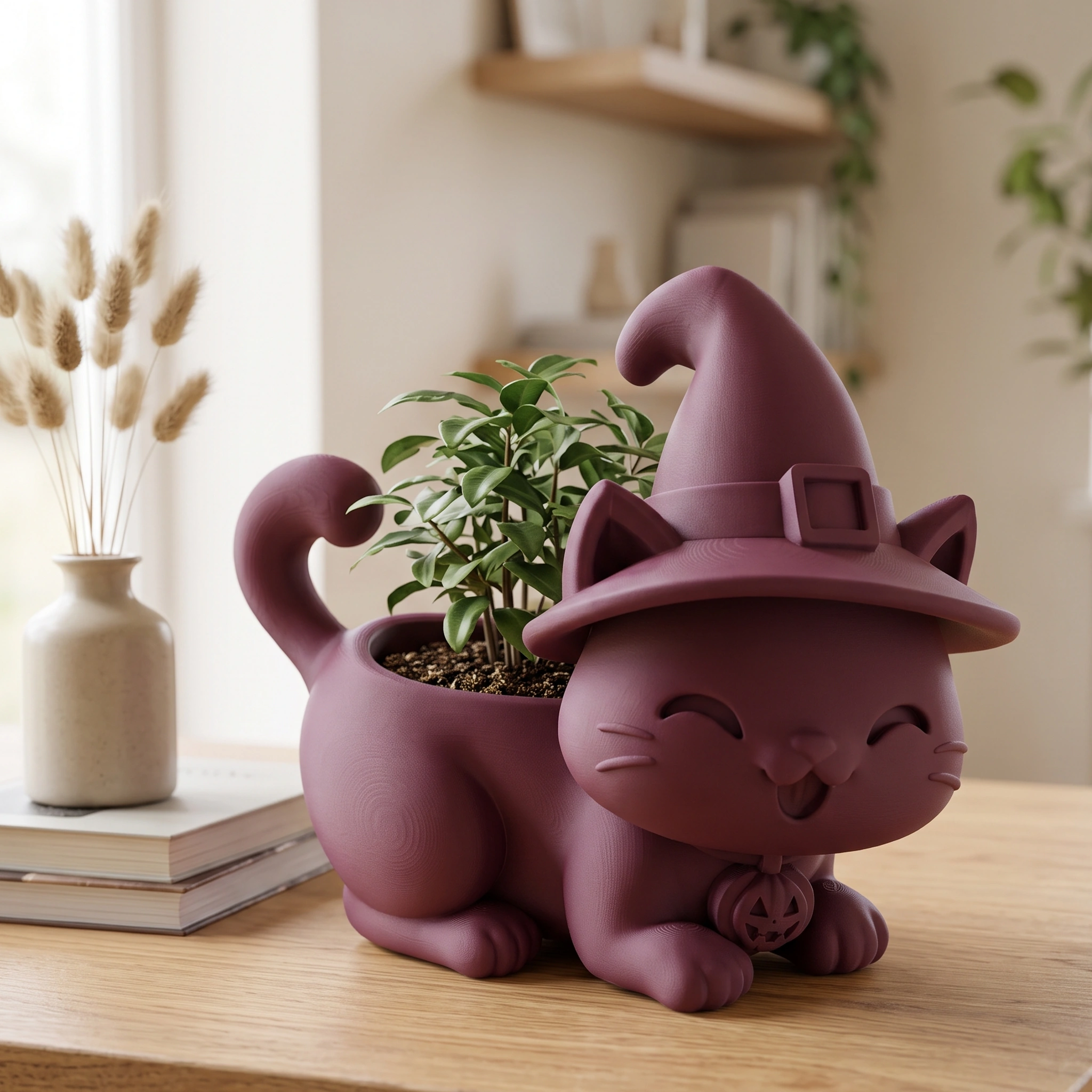 Ghiveci pisică Halloween cu pălărie, imprimat 3D - 15,39 × 15 × 14,9 cm - Purple red compozit mat, imprimare 3D Vibecraft