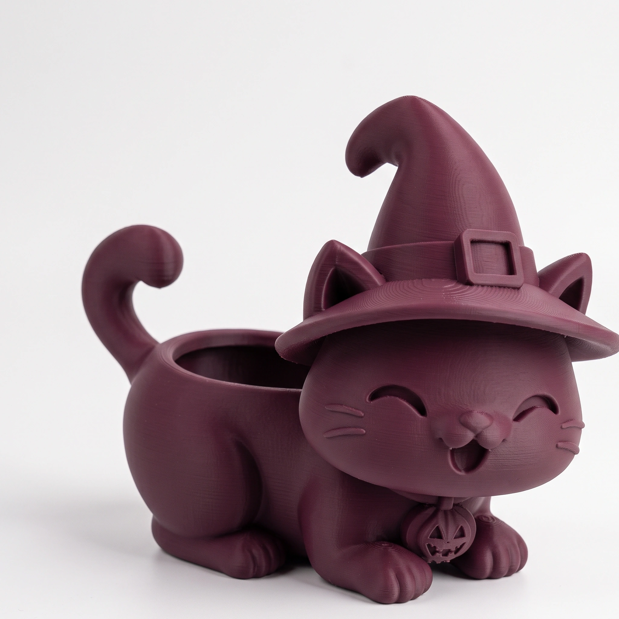 Ghiveci pisică Halloween cu pălărie, imprimat 3D - 15,39 × 15 × 14,9 cm - Purple red compozit mat, imprimare 3D Vibecraft
