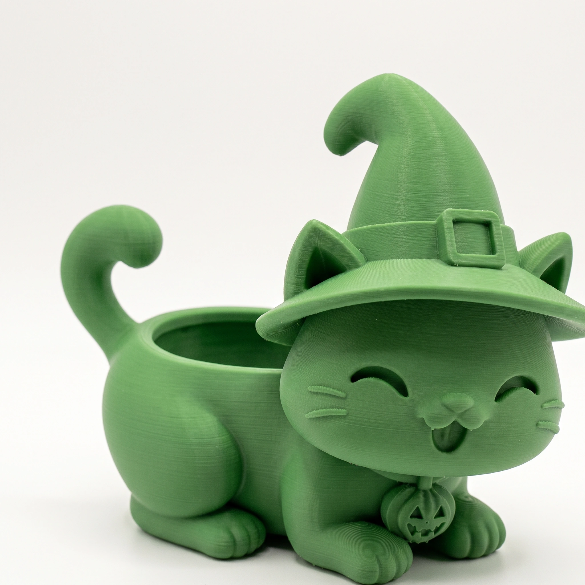 Ghiveci pisică Halloween cu pălărie, imprimat 3D - 15,39 × 15 × 14,9 cm - culoare Verde, imprimare 3D Vibecraft