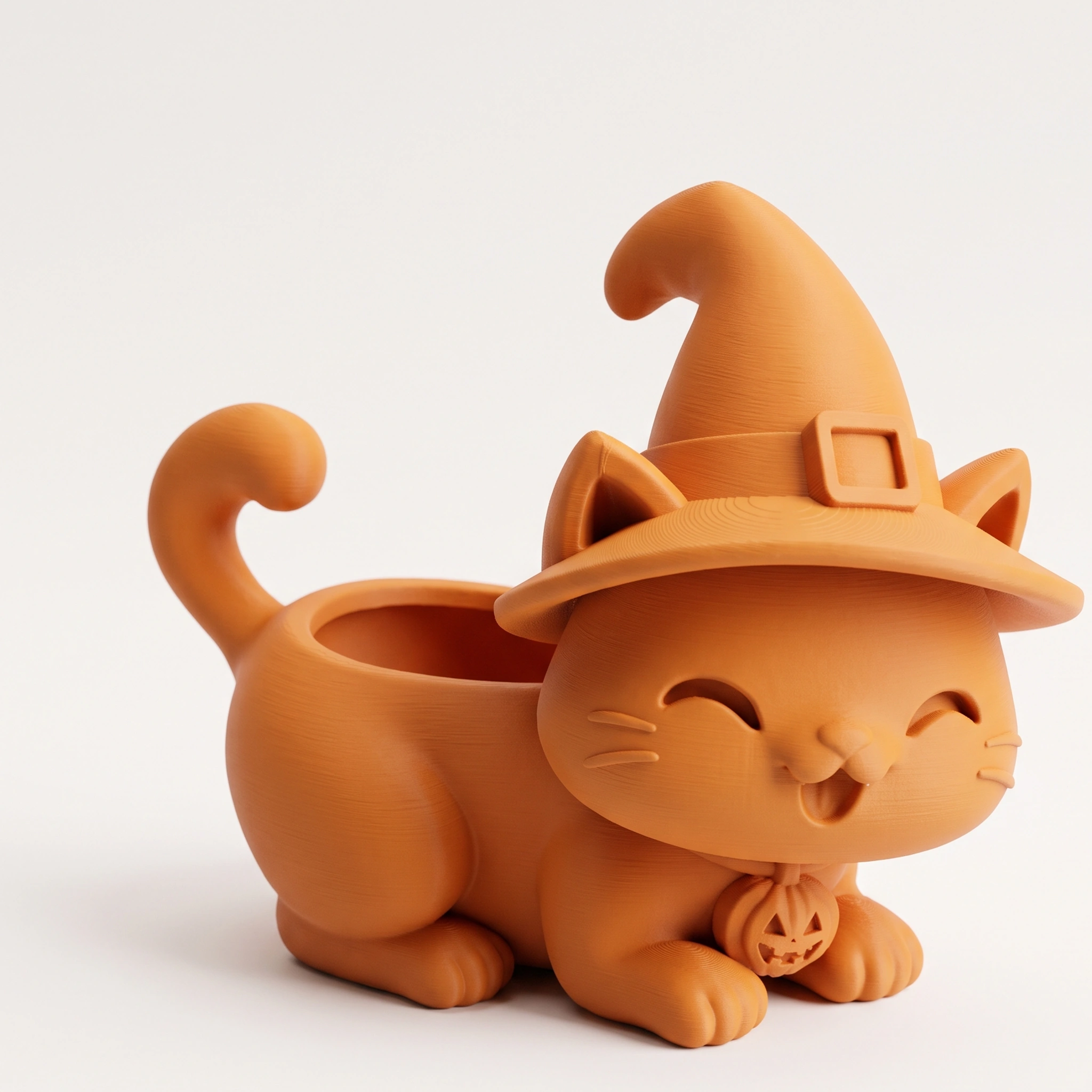 Ghiveci pisică Halloween cu pălărie, imprimat 3D - 15,39 × 15 × 14,9 cm - culoare Portocaliu, imprimare 3D Vibecraft