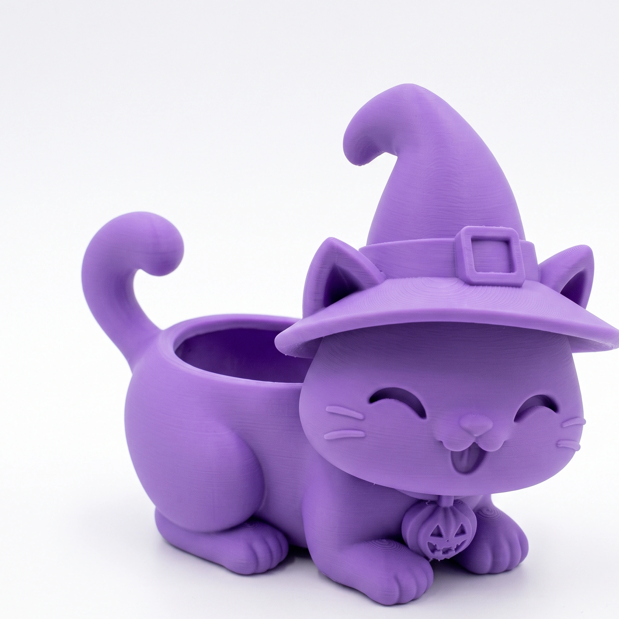 Ghiveci pisică Halloween cu pălărie, imprimat 3D - 15,39 × 15 × 14,9 cm - culoare Mov, imprimare 3D Vibecraft