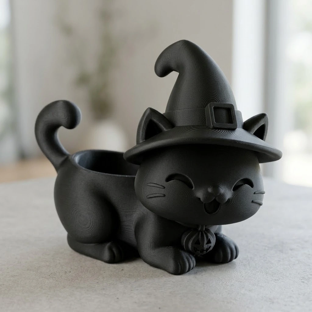 Ghiveci pisică Halloween cu pălărie, imprimat 3D - 15,39 × 15 × 14,9 cm - imagine produs, produs imprimat 3D Vibecraft