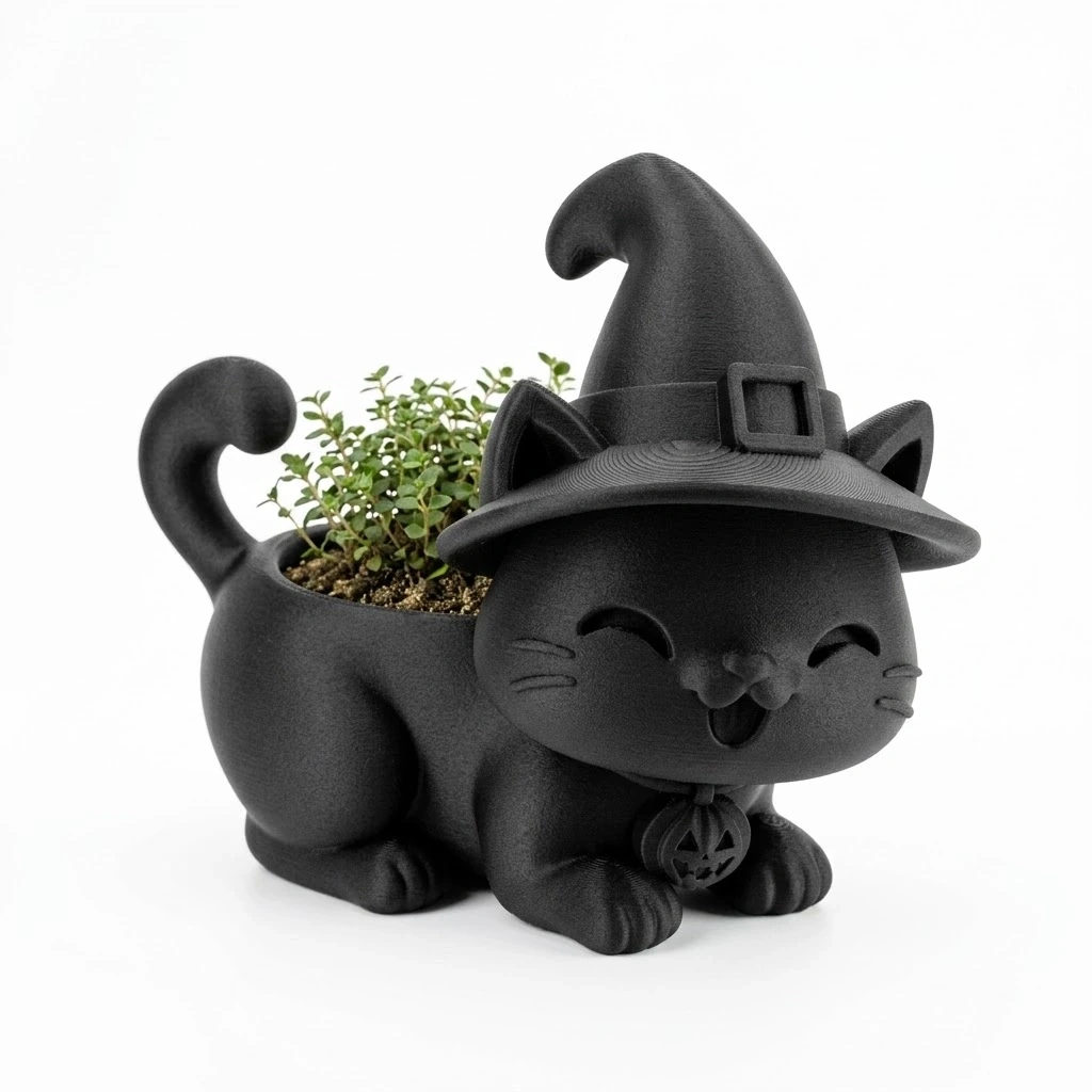 Ghiveci pisică Halloween cu pălărie, imprimat 3D - 15,39 × 15 × 14,9 cm - imagine produs, produs imprimat 3D Vibecraft
