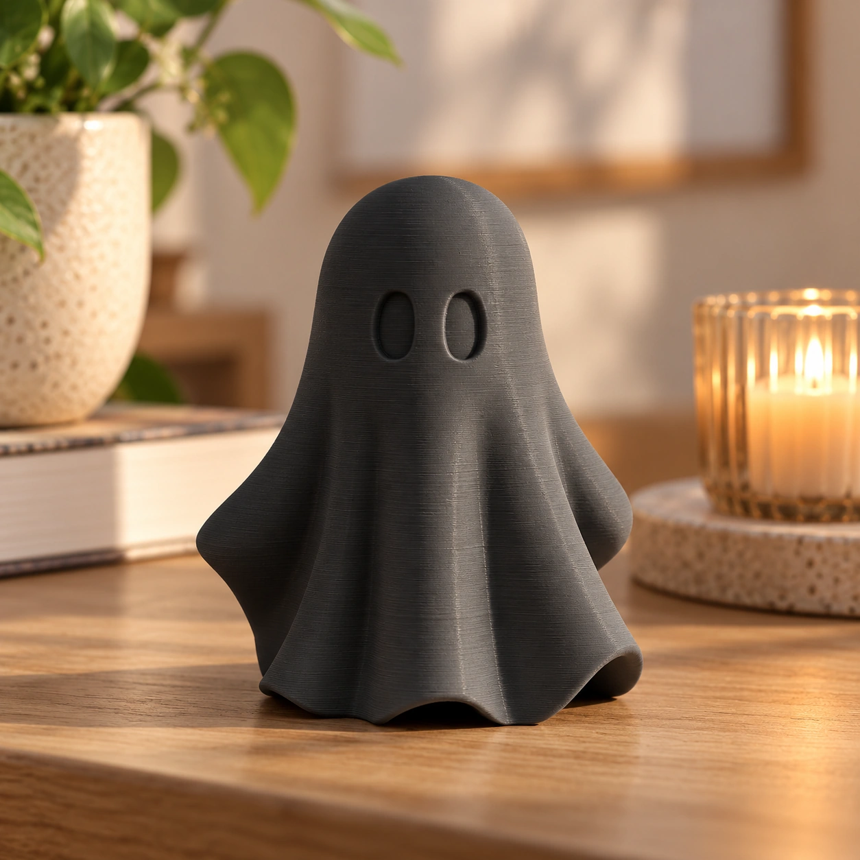 Figurină fantomă minimalistă Halloween, imprimată 3D - 6,81 × 6,56 × 8 cm - Negru compozit mat, imprimare 3D Vibecraft