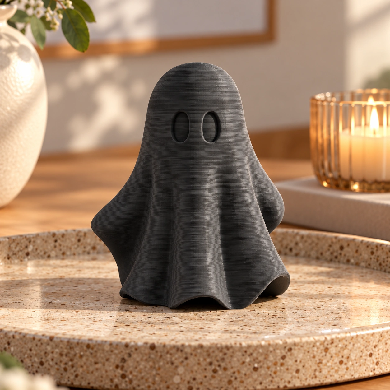 Figurină fantomă minimalistă Halloween, imprimată 3D - 6,81 × 6,56 × 8 cm - Negru compozit mat, imprimare 3D Vibecraft