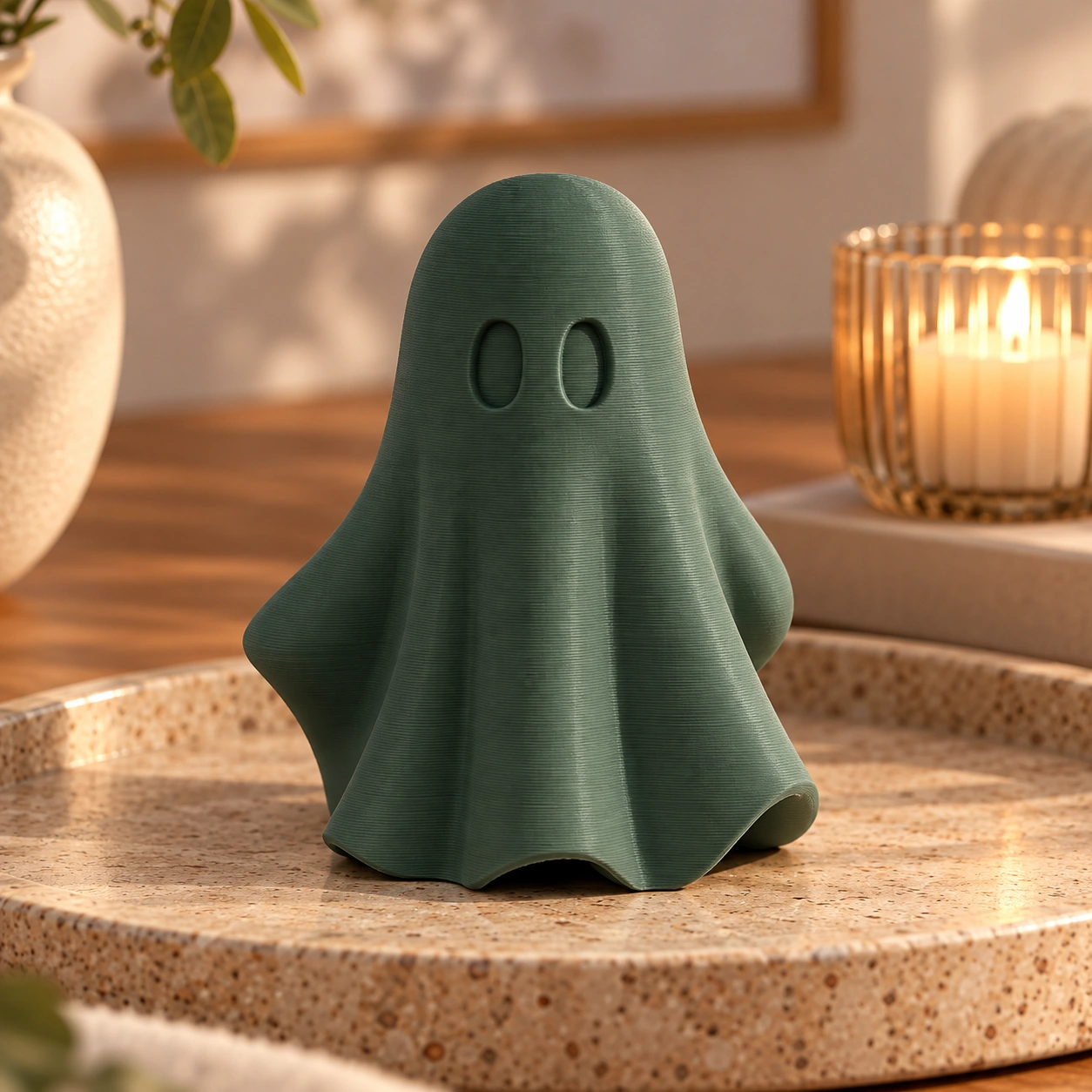 Figurină fantomă minimalistă Halloween, imprimată 3D - 6,81 × 6,56 × 8 cm - Olive green compozit mat, imprimare 3D Vibecraft