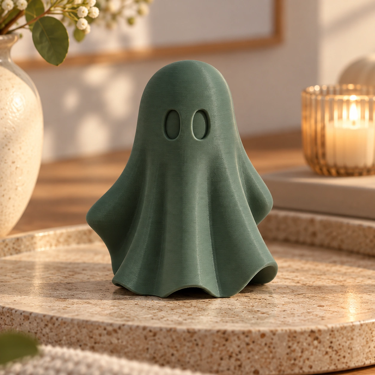 Figurină fantomă minimalistă Halloween, imprimată 3D - 6,81 × 6,56 × 8 cm - Olive green compozit mat, imprimare 3D Vibecraft