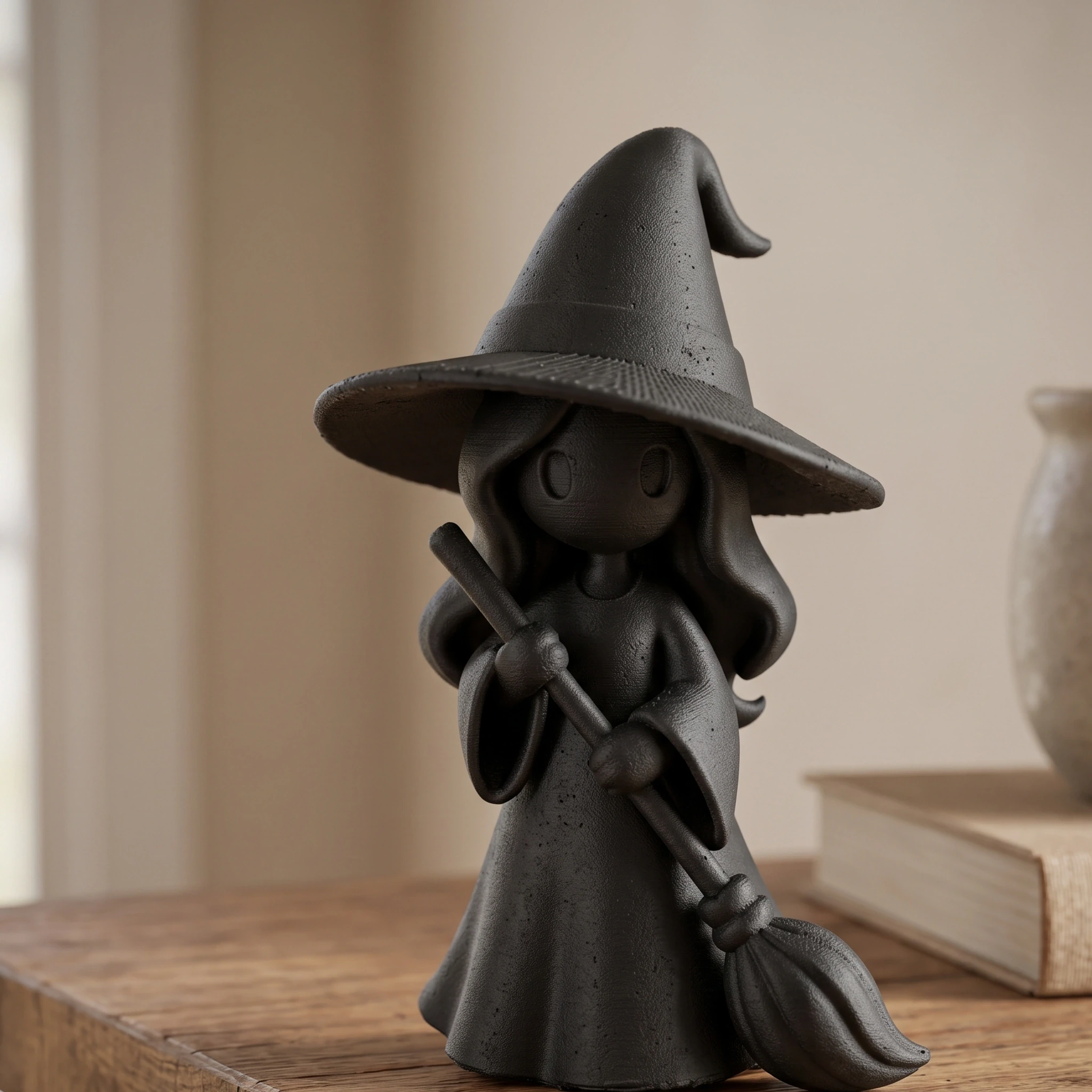 Figurină vrăjitoare stilizată Halloween, imprimată 3D - 6,23 × 5,84 × 10 cm - culoare Negru, produs imprimat 3D Vibecraft