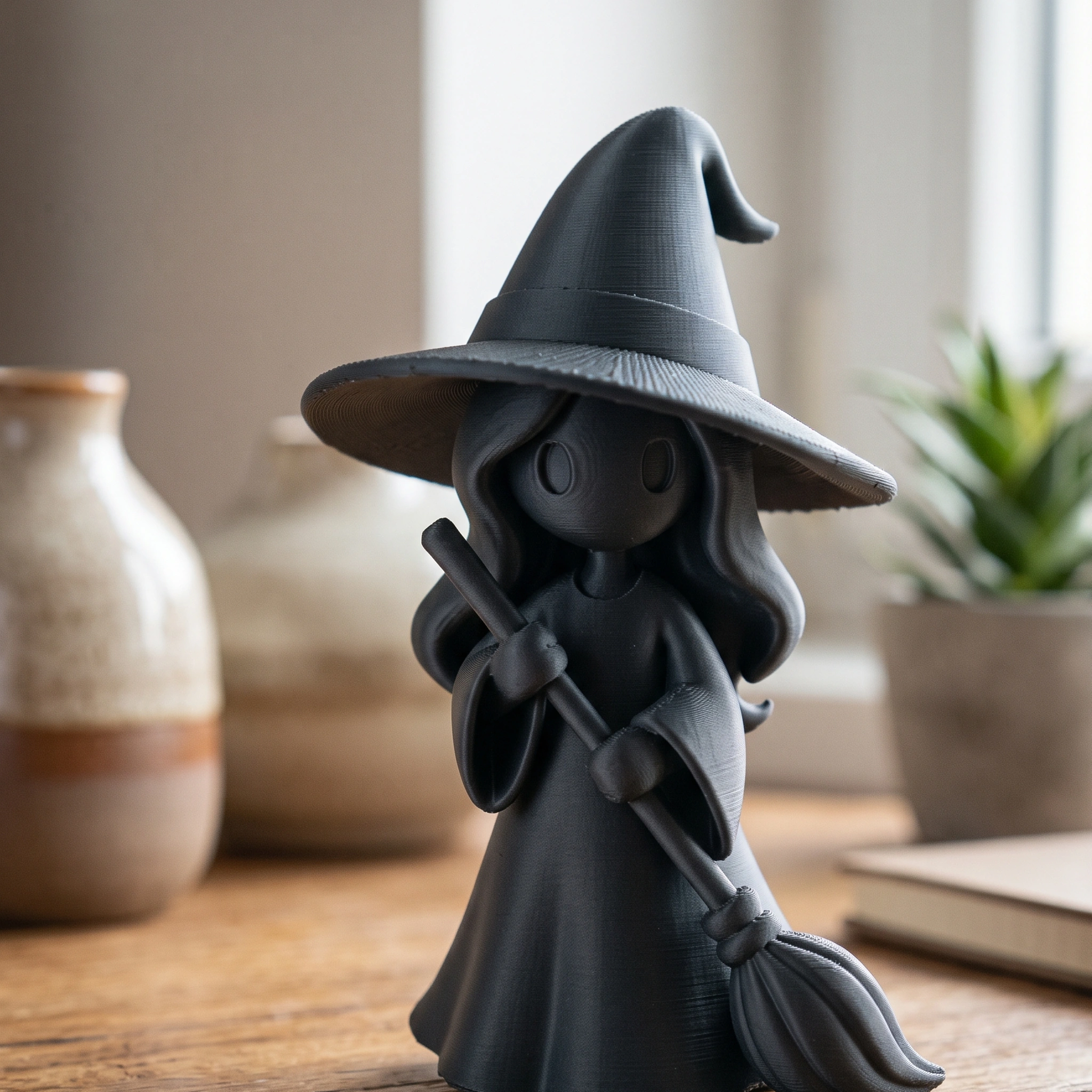 Figurină vrăjitoare stilizată Halloween, imprimată 3D - 6,23 × 5,84 × 10 cm - Negru compozit mat, imprimare 3D Vibecraft