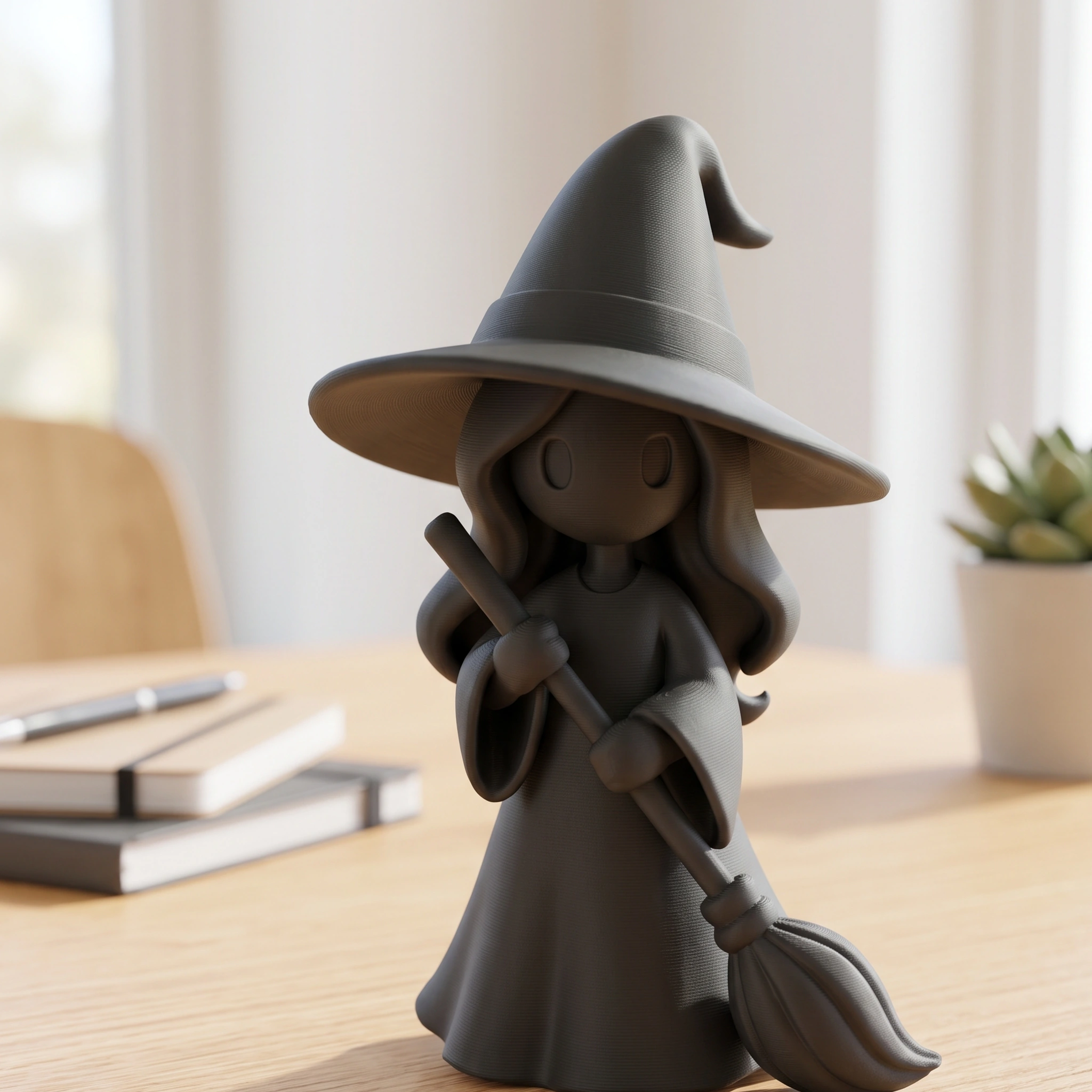 Figurină vrăjitoare stilizată Halloween, imprimată 3D - 6,23 × 5,84 × 10 cm - Negru compozit mat, imprimare 3D Vibecraft