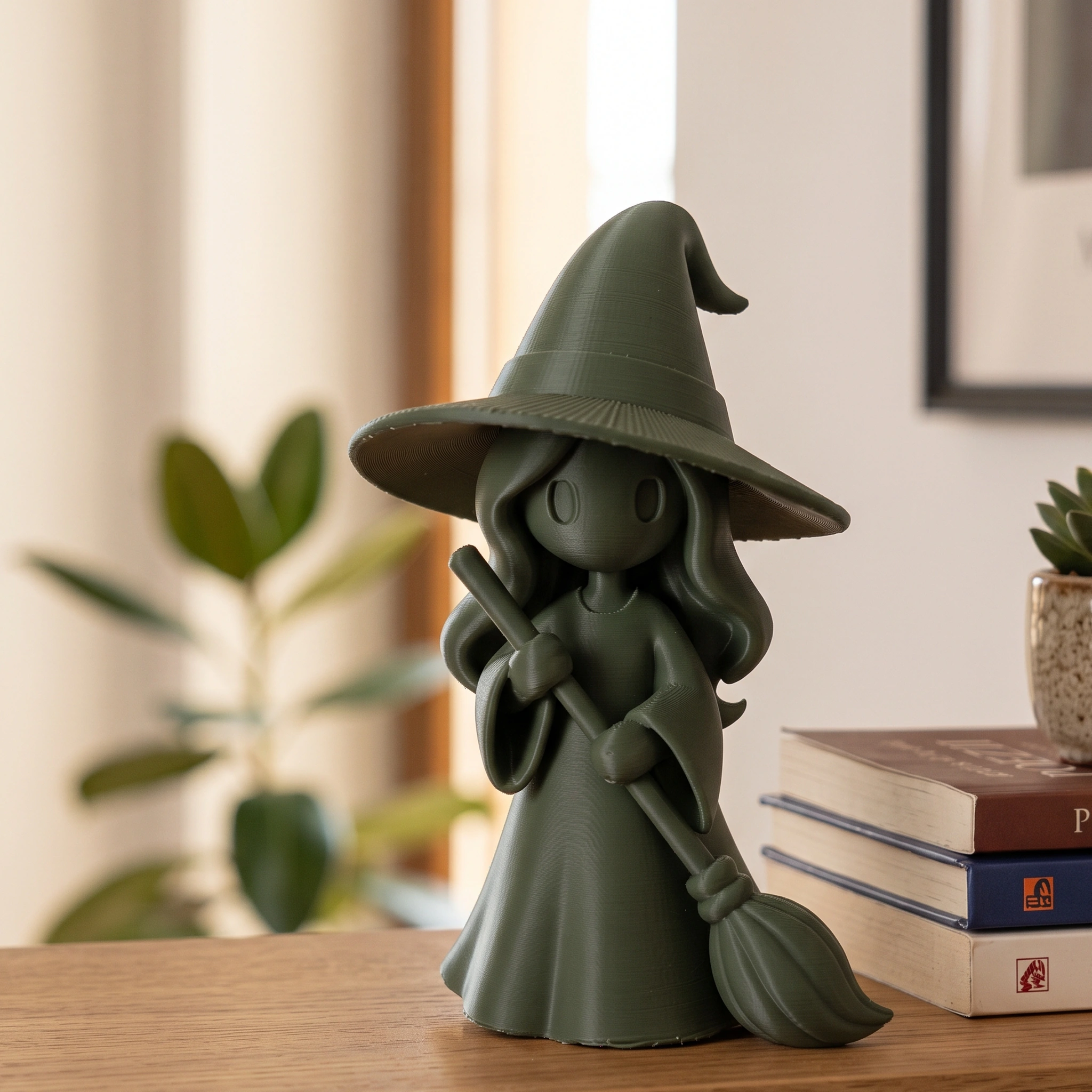 Figurină vrăjitoare stilizată Halloween, imprimată 3D - 6,23 × 5,84 × 10 cm - Olive green compozit mat, imprimare 3D Vibecraft