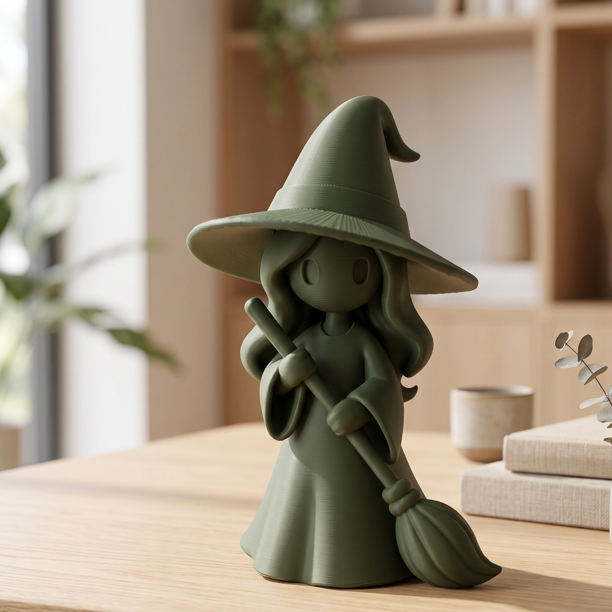 Figurină vrăjitoare stilizată Halloween, imprimată 3D - 6,23 × 5,84 × 10 cm - Olive green compozit mat, imprimare 3D Vibecraft