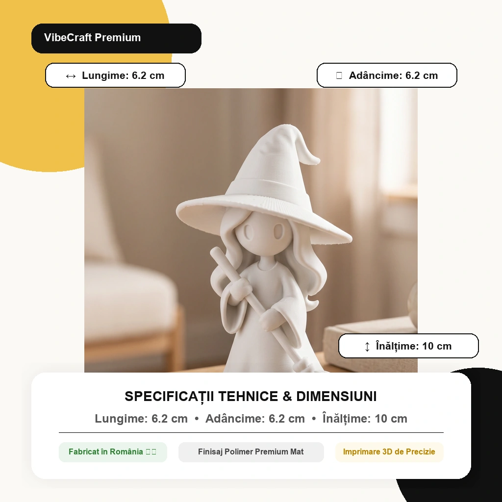 Figurină vrăjitoare stilizată Halloween, imprimată 3D - 6,23 × 5,84 × 10 cm - dimensiuni produs, produs imprimat 3D Vibecraft
