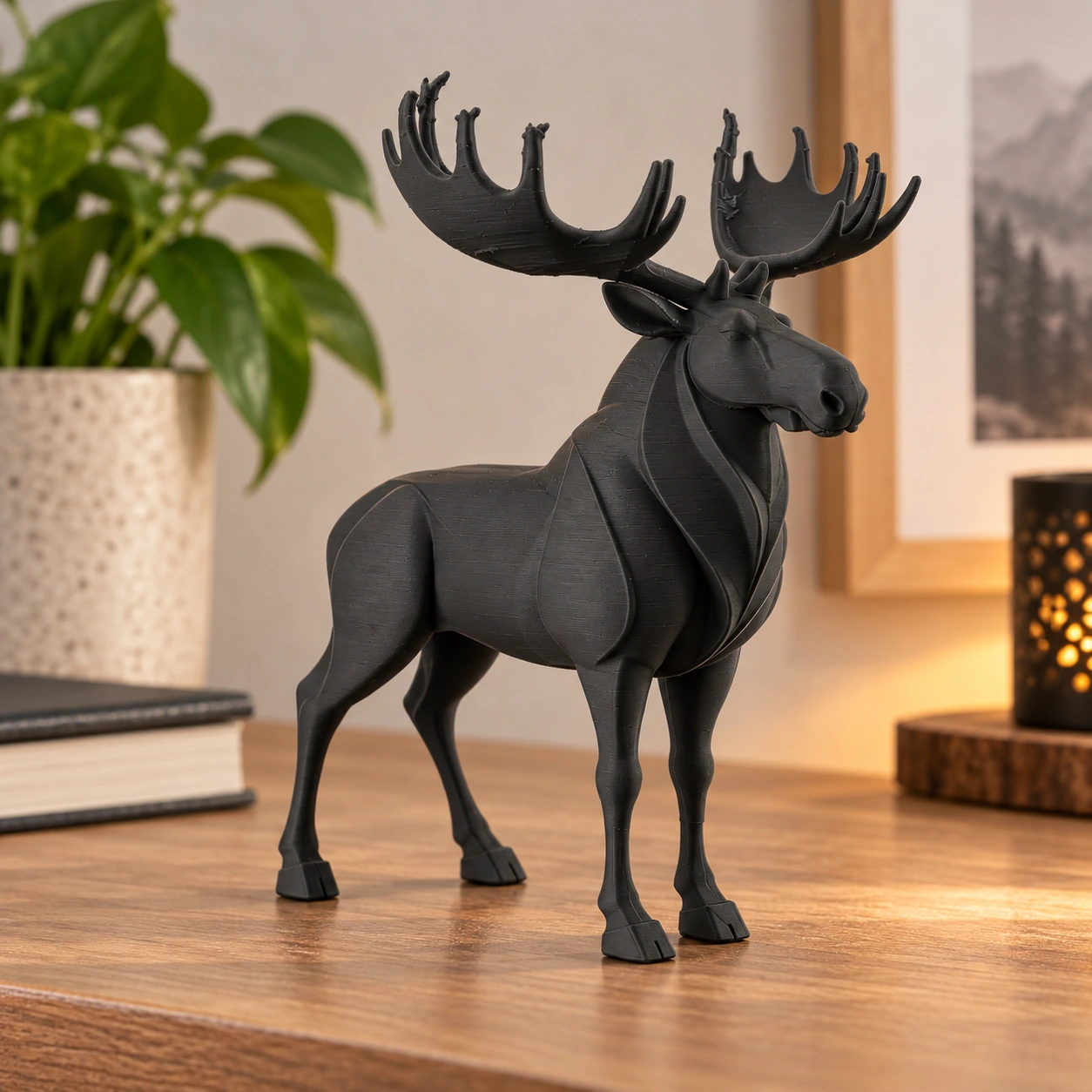 Figurină decorativă elan nordic, imprimată 3D - 8,6 × 6,5 × 10 cm - Negru compozit mat, imprimare 3D Vibecraft
