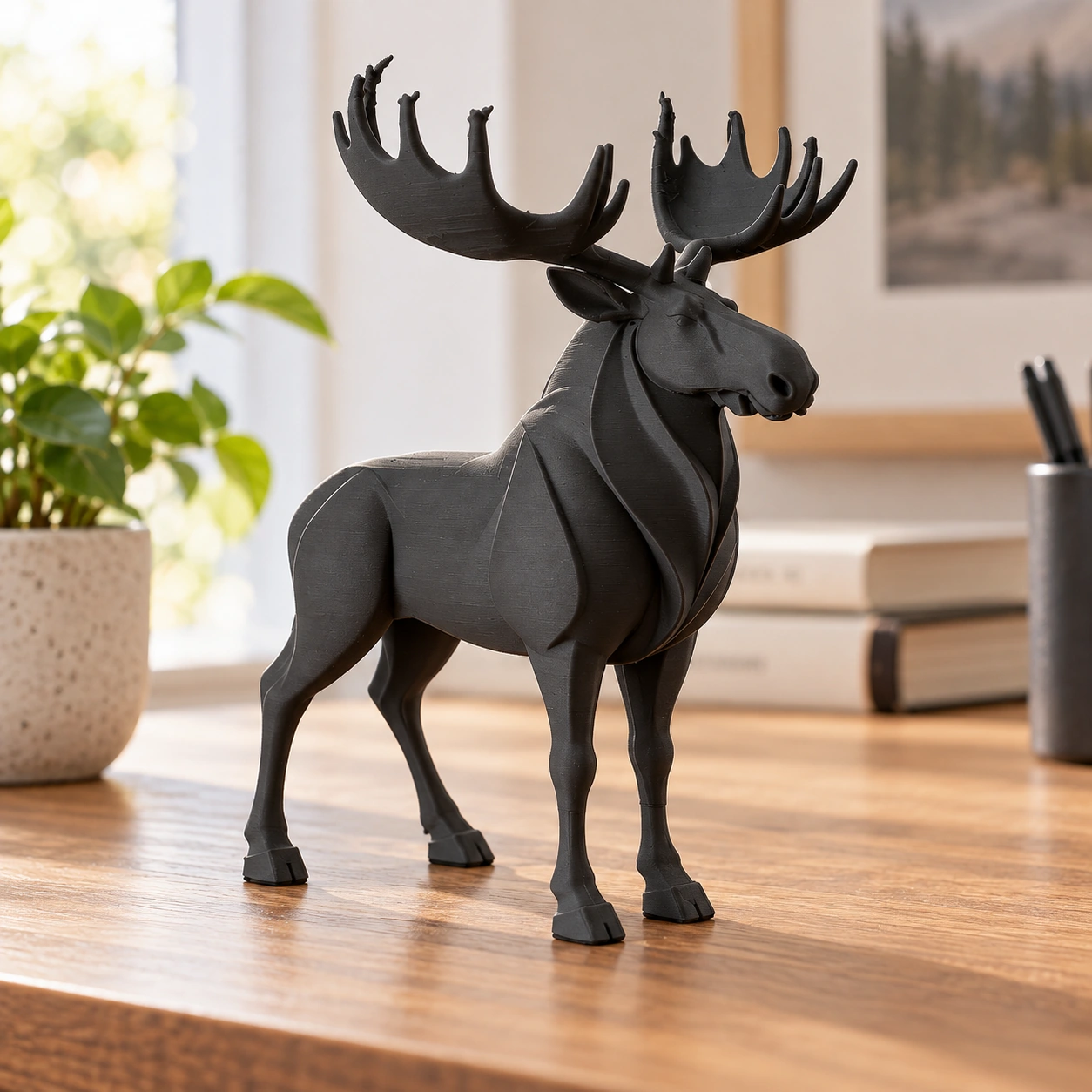 Figurină decorativă elan nordic, imprimată 3D - 8,6 × 6,5 × 10 cm - Negru compozit mat, imprimare 3D Vibecraft