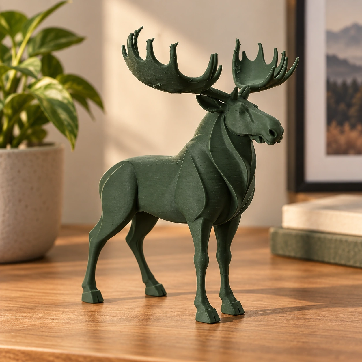 Figurină decorativă elan nordic, imprimată 3D - 8,6 × 6,5 × 10 cm - Olive green compozit mat, imprimare 3D Vibecraft