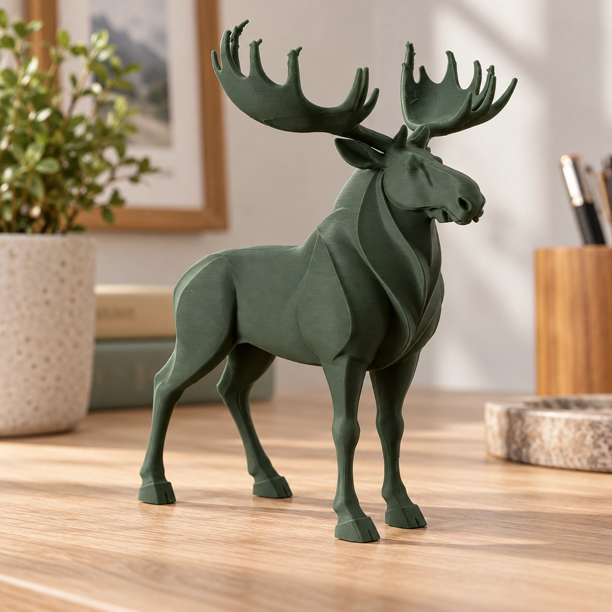 Figurină decorativă elan nordic, imprimată 3D - 8,6 × 6,5 × 10 cm - Olive green compozit mat, imprimare 3D Vibecraft